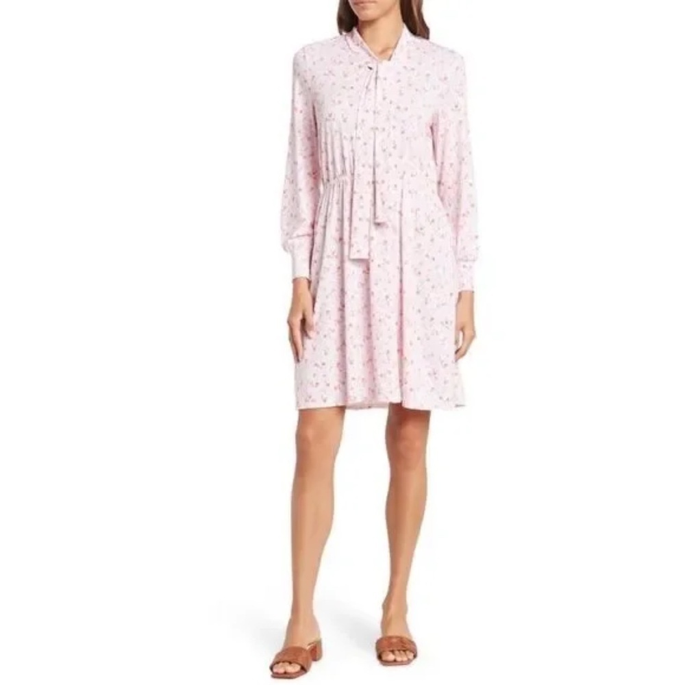 Adrianna Papell Tie Neck Long Sleeve Knit Dress Ivory Salsa Ditsy Medium New NWT